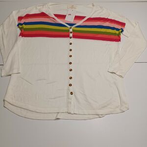 Hyped Unicorn Womens‎ Button Up Sweater White Rainbow Long Sleeve V Neck M/L New
